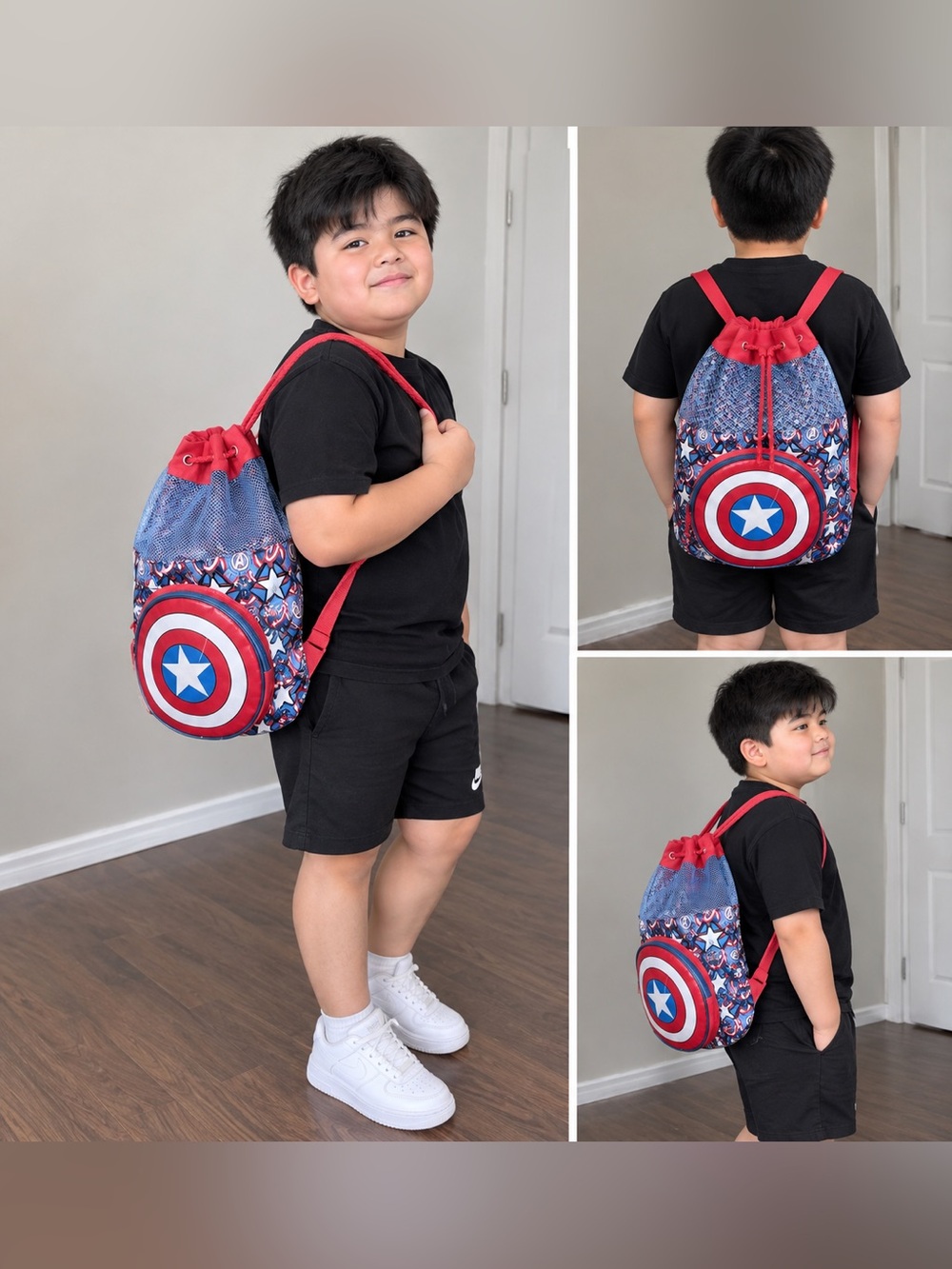 Marvel Kids Blue and Red Captain America Shield Drawstring Bag